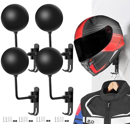 SANGMO 180° Motorcycle Helmet Rack, 4 Pack Rotation Metal Helmet Holder Wall Mount, Helmet Holder Bike with 2 Hooks Helmet Hanger for Motorcycle Bike Coats, Caps, Baseballs, Rugby Helmet (Black) - color: Black*4