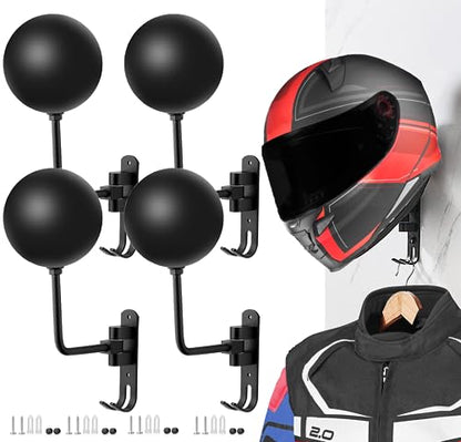 SANGMO 180° Motorcycle Helmet Rack, 4 Pack Rotation Metal Helmet Holder Wall Mount, Helmet Holder Bike with 2 Hooks Helmet Hanger for Motorcycle Bike Coats, Caps, Baseballs, Rugby Helmet (Black) - color: Black*4