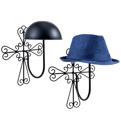 MyGift 2 Pcs Vintage Hat Holder Rack Wall Mount, Large Brim Hat Organizer Storage, Hanging Helmet Wig Display Dome, Scrollwork Cross Style, Black Metal - color: Scrollwork Cross