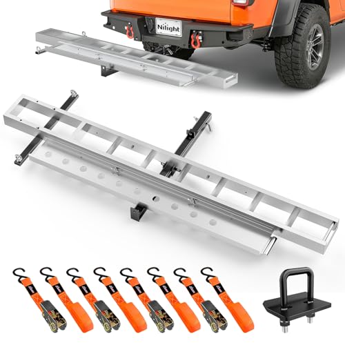 Nilight Motorcycle Hitch Carrier 400LBS, Lightweight Robust Aluminum Dirt Bike Hitch Hauler with 55.11" Longer Ramp, Pin Lock, Tie-Down Strap and Tightener, 2" Receiver, 5" Wide Tire - color: Motorcycle Hitch Carrier Aluminum 400 LBS