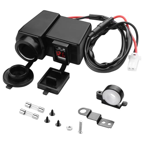 12V Motorcycle Dual USB Charger, Car Charger Power Outlet Waterproof Adapter with Cigarette Lighter Socket and Voltmeter for Phones/Tablets/GPS
