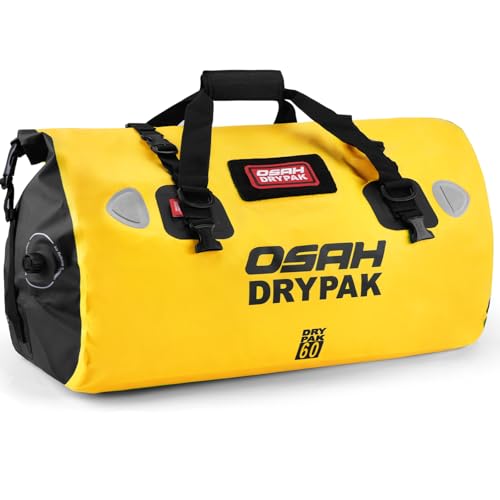 OSAH DRYPAK Waterproof Duffel Bag - Motorcycle Dry Bag Tail Bag with Large Storage Space, Waterproof Luggage Duffle Bags with Outer Mesh Zipper Pocket for Camping, Kayaking, Fishing & Traveling - color: Yellow, size: 60L