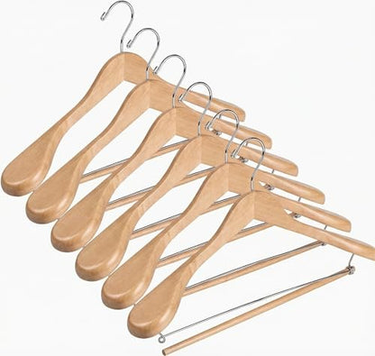 DEILSY™ Natural Suit Hangers for Men with Non-Slip Pants Bar & 360° Swivel Hook - Smooth Finish Wooden Coat Hangers, Heavy Duty Wooden Hanger – Pack of 6 - color: Natural