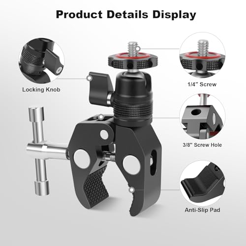 Super Clamp Camera Mount with 360° Mini Ball Head, Aluminum Desk Tube Crab Clamp for Monitor/Light/Mic, Bike/Motorcycle Handlebar Mount for Go Pro/Insta360/DJI Action Camera (SY012)
