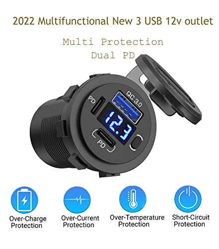 12V USB Outlet, Dual USB C Car Charger Socket & Quick Charge 3.0 Port with Voltmeter and Power Switch for Car Boat Marine Truck - color: 2PD+1QC