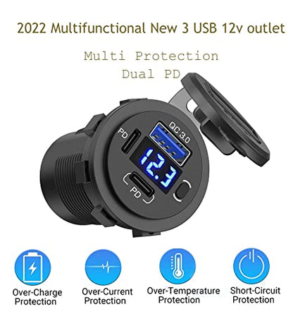 12V USB Outlet, Dual USB C Car Charger Socket & Quick Charge 3.0 Port with Voltmeter and Power Switch for Car Boat Marine Truck - color: 2PD+1QC