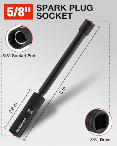 WORKPRO 5/8" Swivel Magnetic Spark Plug Socket - 12-Point, 1mm Thin Wall, 360 Swivel, 3/8" Drive x 8", Black Phosphate Finish, Anti-Slip Knurled Grip - size: 5/8"×3/8"×8"