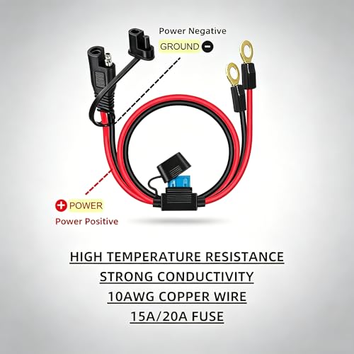 Battery Charger Cable, SAE Battery Connector, 2FT 10AWG for Quick Connect/Disconnect on Motorcycles, Cars, RV（with 15A/20A Fuse）