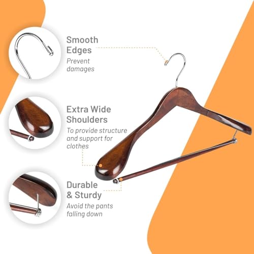 DEILSY Wide Shoulder Wooden Suit Hangers with Non-Slip Pants Bar & 360° Swivel Hook - Smooth Finish Coat Hangers for Men and Women - Heavy Duty Clothes Hanger – Pack of 6 - color: Brown
