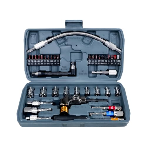39-Piece Flexible Drill Bit Extension Set with 105° Right Angle Adapter, Metric Sockets, Magnetic Bit Holders, Storage Case