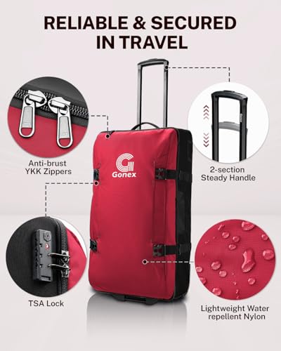 Gonex Rolling Duffle Bag with Wheels, Water-repellent 90L Nylon Large Wheeled Travel Duffel Luggage with TSA Lock & Telescopic Handle 30 inch, Pure Red - color: Pure Red, size: 30 inch