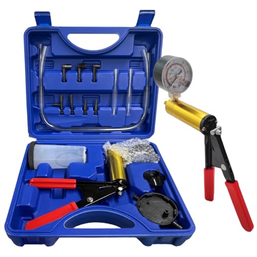 Hand Held Vacuum Pump Brake Bleeder Kit, Brake Bleeder Pressure Tester Hand Vacuum Pump with Gauge Adapters, Brake Fluid Bleeding Set with Protected Case for Car Truck Bike (Blue) - color: Blue