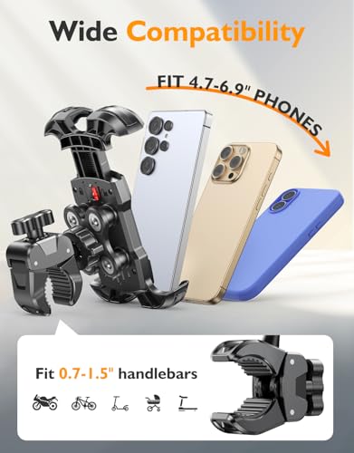 Bike Phone Holder, [Vibration Damper] [Tool-Free] Motorcycle Phone Mount, [Silicone Cushion] Handlebar Mount with Security Lock Compatible with iPhone, Samsung and 4.7-6.9'' Devices - style: Shock-Absorption Mount