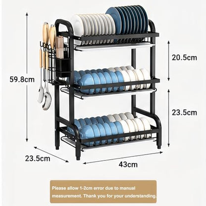 3 Tier Dish Drying Rack for Kitchen Counter, Large Capacity Dish Rack with Drainboard Set & Utensil Holder, Rustproof Metal Dish Drainer with Cup Bowl Plate Storage - color: Black1