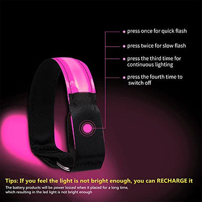 2 Pack Rechargeable LED Reflective Armband, High Brightness High Visibility Night Safety Light Band, Wearable Flashing LED Gear for Running, Walking, Biking and Outdoor Activities - color: L Pink