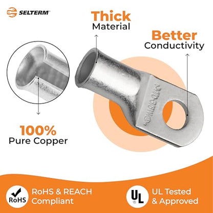SELTERM 10pcs 1/0 AWG-3/8" Stud (Wide Pad) Tinned Copper Wire Lugs, Heavy Duty Battery Cable Ends,0 Gauge Ring Terminals, UL Battery Lugs Marine Grade Copper Eyelets Battery Terminal Connectors - color: Tinned Copper Lugs, size: 1/0 Awg - 3/8" (M10) Ring