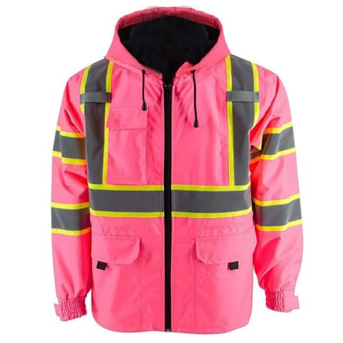 KARXICIY ZUJA Hi Vis Reflective Safety Jacket for Men Women Construction Jacket with Hood High Visibility Safety Rain Jacket - color: Pink - Thickening, size: 4X-Large