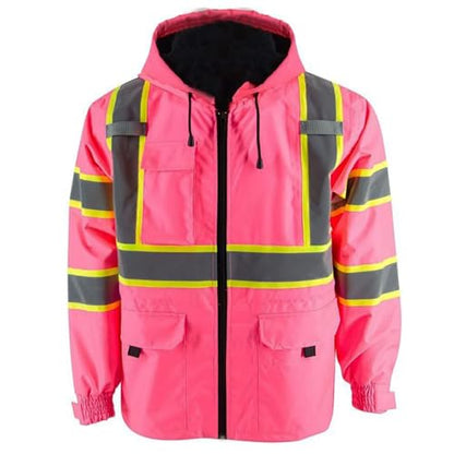 KARXICIY ZUJA Hi Vis Reflective Safety Jacket for Men Women Construction Jacket with Hood High Visibility Safety Rain Jacket - color: Pink - Thickening, size: 4X-Large