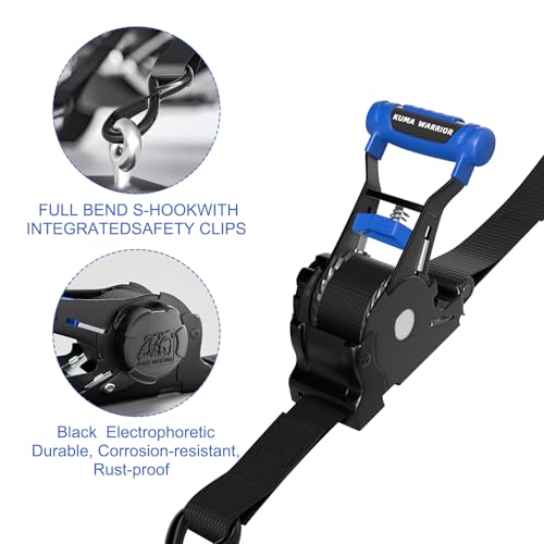 Retractable Ratchet Straps (4-Pack) - 1 Inch x 10 Feet (1,500lb Break Strength) - Auto Self Retracting Tie Down Straps for Truck, Cargo Trailer, Motorcycle, ATV, UTV - Blue