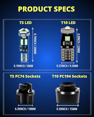 WLJH 40 Pack T5 T10 LED Bulbs with Sockets, Non Polarity Plug and Play, 300 Lumen Dimmable,for Interior Dash Gauge Cluster Dome Map Footwell and License Plate Lights, Fits 74 2721 194 168, Ice Blue - color: Ice Blue