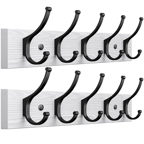 Optish 2 Pack Wooden Coat Rack Wall Mount, 16.1" Rustic Coat Hanger Hooks with 10 Double Hooks, Wall Coat Rack for Hat, Clothes, Bags, Jacket, Brown, White - color: White