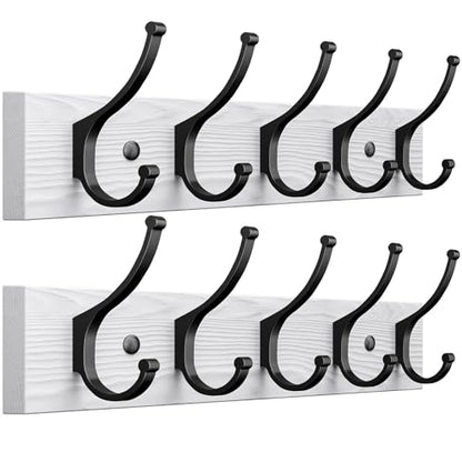 Optish 2 Pack Wooden Coat Rack Wall Mount, 16.1" Rustic Coat Hanger Hooks with 10 Double Hooks, Wall Coat Rack for Hat, Clothes, Bags, Jacket, Brown, White - color: White