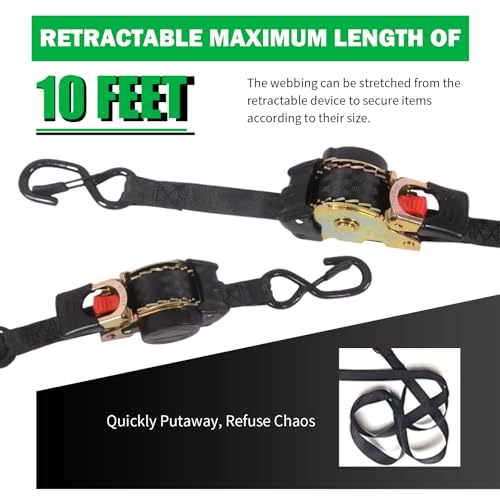 MOTO4U Auto Retractable Ratchet Straps 4-Pack | 1” x 10ft (1500lb Break Strength) | Heavy Duty Motorcycle Tie Downs Straps with Integrated Soft Loops for Truck, Trailer, Motorcycle - color: 4 Pack