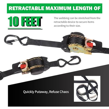 MOTO4U Auto Retractable Ratchet Straps 2-Pack | 1” x 10ft (1500lb Break Strength) | Heavy Duty Motorcycle Tie Downs Straps with Integrated Soft Loops for Truck, Trailer, Motorcycle - color: 2 Pack