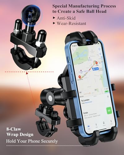 BRCOVAN Motorcycle Phone Mount Holder with Vibration Dampener | Anti-Shake Handlebar Cellphone Cradle for Bike Bicycle Scooter ATV, Adjustable Fit 5.4 - 6.9'' Smartphone