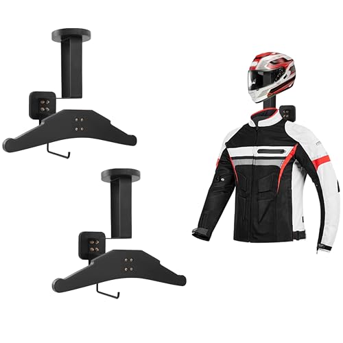 2 Set-Clothing&Helmet Holder Wall Mount Rack Motorcycle Helmet Accessories with Helmet Stand and Cloting Hanger, Tactical Gear Holder Solid Wood Organizer & Display for Police, Football, Black - color: Black