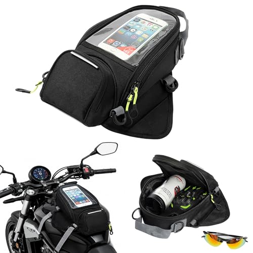 Motorcycle Tank Bag with Phone Holder, Magnetic & Strap Mount Motorcycle Tank Bag for Plastic/Metal Gas Tanks, Waterproof Touchscreen Tank Bag Fits Phones Under 6.3”, Riding Storage Bag