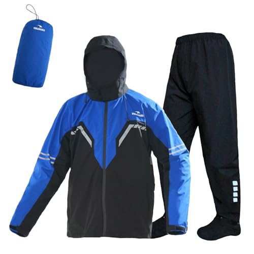 Waterproof Rain Suit for Men,Lightweight Rain Jackets and Pants Portable Reflective for Motorcycle Cycling Rain Gear - color: Blue, size: Large