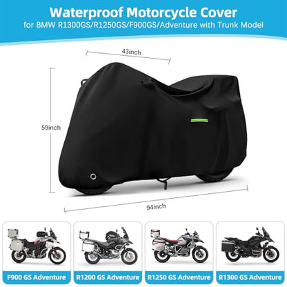 Motorcycle Cover Waterproof for BMW R1300GS/R1250GS/F900GS/Adventure with Trunk Model, Heavy Duty Outdoor Sun Rain UV Dust All Weather Protection Motorbike Cover with Soft Cotton Lining & Lock Hole - size: R1300GS Adventure with Trunk