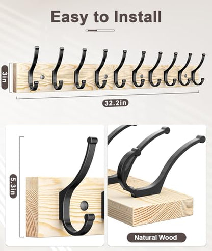 Optish 2 Pack Wooden Coat Rack Wall Mount, 16.1" Rustic Coat Hanger Hooks with 10 Double Hooks, Wall Coat Rack for Hat, Clothes, Bags, Jacket, Natural Wood - color: Natural Wood