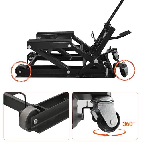 Hydraulic Motorcycle Lift Jack 1500 LBS Capacity Portable ATV Scissor Lift Table with 4 Universal Casters Foot-Operated Hoist Stand for Motorcycles ATV UTV Powersports Black