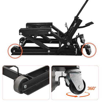 Hydraulic Motorcycle Lift Jack 1500 LBS Capacity Portable ATV Scissor Lift Table with 4 Universal Casters Foot-Operated Hoist Stand for Motorcycles ATV UTV Powersports Black