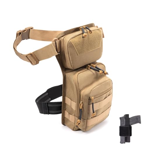 Tactical Drop Leg Bag Utility Pouch Molle Pack for Outdoor Motorcycle Cycling Hunting Hiking with CCW Gun Holster - color: Tan