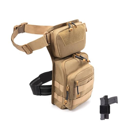 Tactical Drop Leg Bag Utility Pouch Molle Pack for Outdoor Motorcycle Cycling Hunting Hiking with CCW Gun Holster - color: Tan