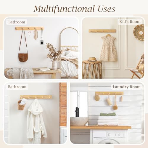 Coat Rack Wall Mount, Wooden Coat Hanger with 5 Hooks, Heavy Duty, Natural, 1 Pcs - color: Natural
