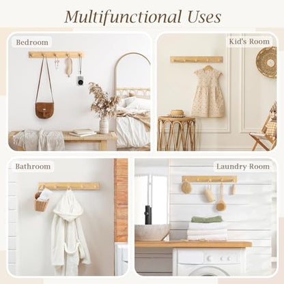 Coat Rack Wall Mount, Wooden Coat Hanger with 5 Hooks, Heavy Duty, Natural, 1 Pcs - color: Natural