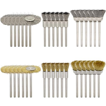 36-Piece Wire Brush Set - Metal Rust Removal, Polishing, Cleaning - Shaft 1/8″ (3mm) - Removes Burrs, Dust, and Oxide Layer - Handles Rough Surfaces - Designed for Industrial and DIY Enthusiasts - style: Set of 36 Wire Brushes with Steel and Brass Mix