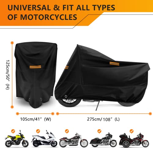 Universal Motorcycle Cover Waterproof Outdoor Storage All Weather Rain Snow Sun Winter All Season Durable with Lockholes & Night Reflective Black Oxford 108" Extra Large Heavy Duty Protection - size: 108" Length