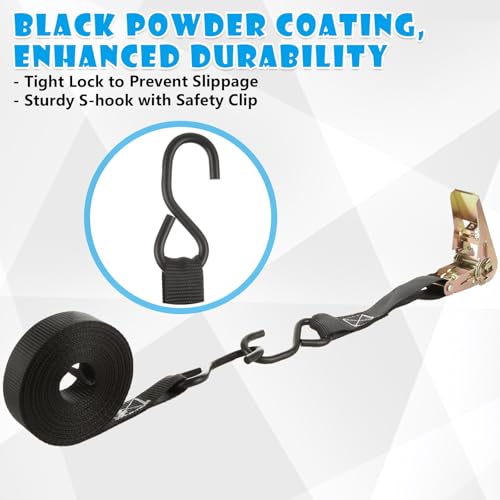 6 Pcs 1 Inch Ratchet Straps Heavy Duty 20ft Tie Down Strap Ratchet with Hooks, 2200 LBS Break Strength, Black Cargo Ratchet Straps for Motorcycle Straps Tie Downs, Appliances, Equipment - color: Black
