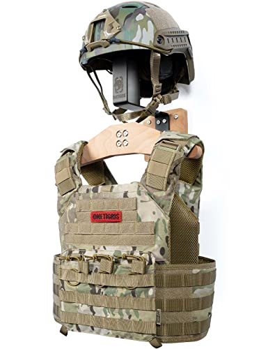 ONETIGRIS Tactical Gear Wall Mount, Motorcycle Helmet Holder Stand Jacket Hanger Plate Carrier Rack Display Organizer for Police Football Cycling Suit - color: Natural