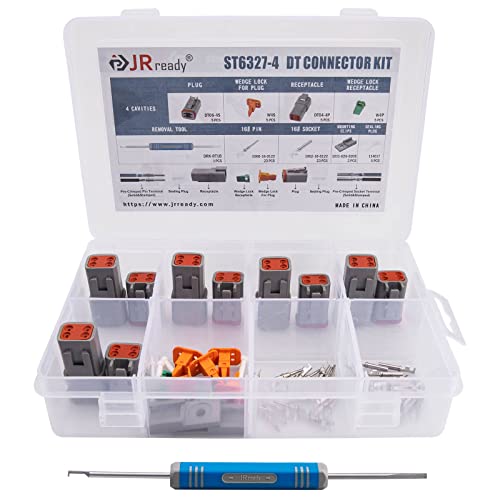 JRready ST6327-4 Deutsch 4 Pin DT Connector Kit, Gray Waterproof Connector (5 Pairs), Size 16 Stamped Contacts 14-18 AWG, for Truck, Motorcycle, Off-Road Vehicles, Marine, Extreme Sports - size: 4-Pin (5 Pairs)