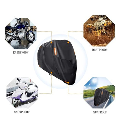 Motorcycle Cover,300D Motorbike Covers All Season Universal Weather Waterproof Outdoor UV Protection with 4 Reflective Strips & Storage Bag,2XL Motorcycles Vehicle Covers - size: 2XL(245X105X125cm)
