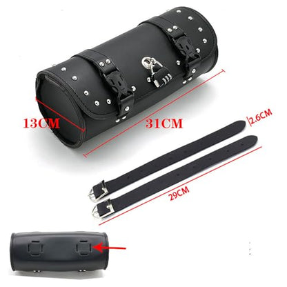 Motorcycle Bag with lock Universal PU Leather Motorbike Fork Bag Saddlebags Handlebar Bag Sissy Bar Storage Tool Bag-31cm, Black, MTB02-B - style: Style a