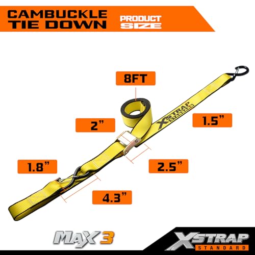 XSTRAP STANDARD Motorcycle Tie Down Straps (2 Pack) 3,000lb Break Strength, 1.5 in X 8FT Heavy-Duty Cambuckle Tie Down Set with S Hook and Soft Loops, Yellow - color: Yellow