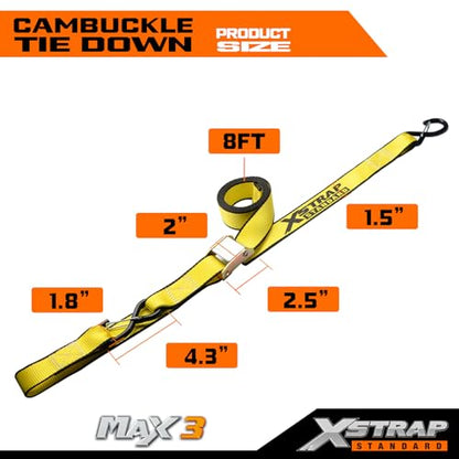 XSTRAP STANDARD Motorcycle Tie Down Straps (2 Pack) 3,000lb Break Strength, 1.5 in X 8FT Heavy-Duty Cambuckle Tie Down Set with S Hook and Soft Loops, Yellow - color: Yellow
