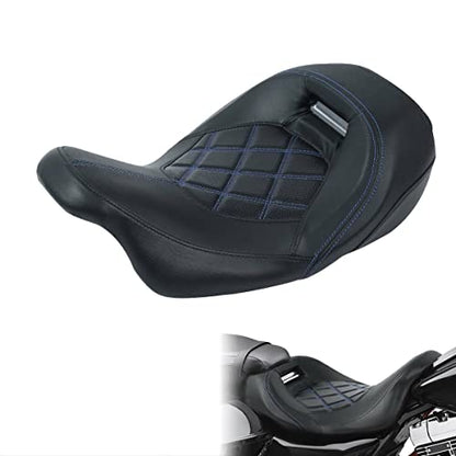 TCT-MOTORPARTS Low-Profile Driver Seat Front Solo Seat Fits for Harley Touring 2009-2023 Electra Street Road Glide CVO Road King Blue Stitching - color: Driver Seat Blue